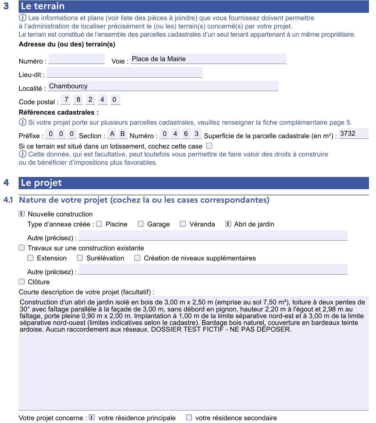 Page du CERFA rempli pour le dossier test