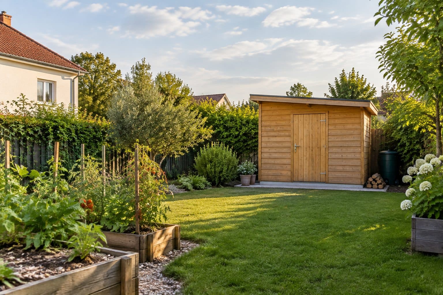 Abri de jardin en bois à toit monopente au fond d'un jardin