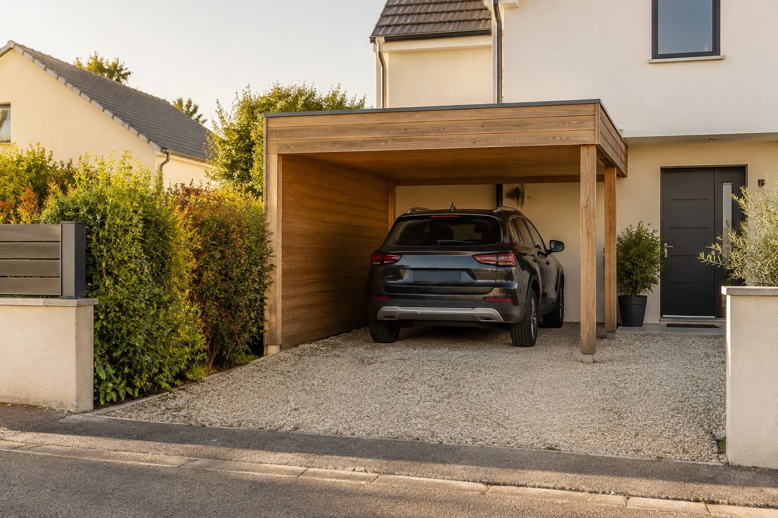 Carport en bois adossé à une maison
