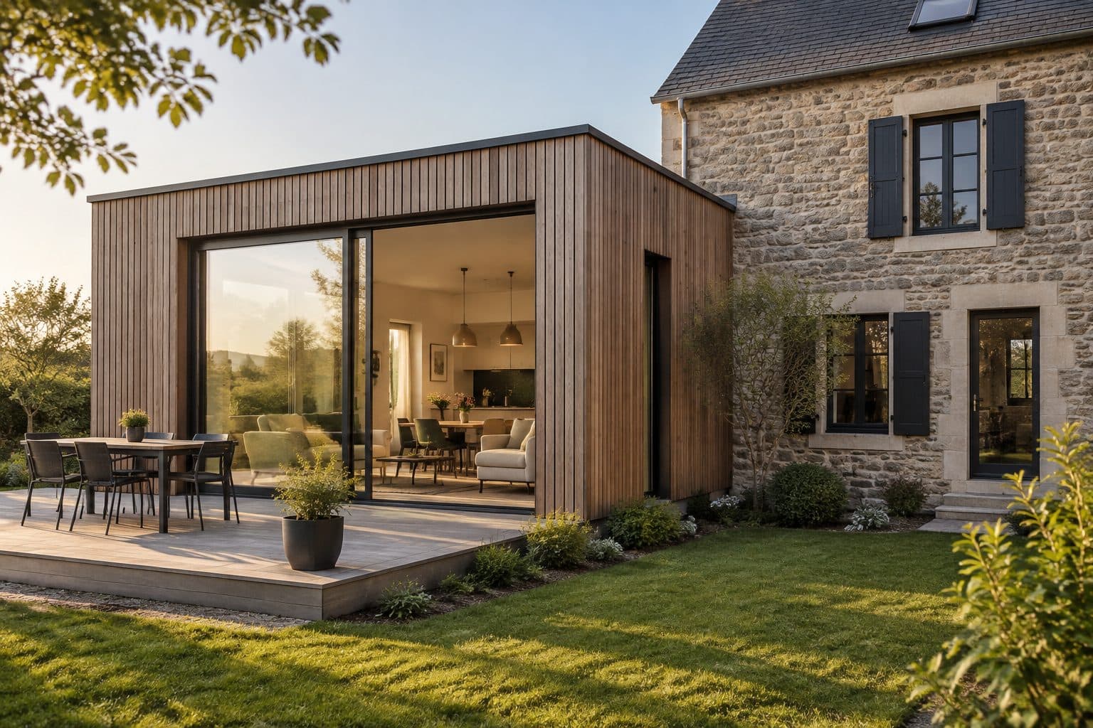 Extension moderne en bardage bois accolée à une maison en pierre