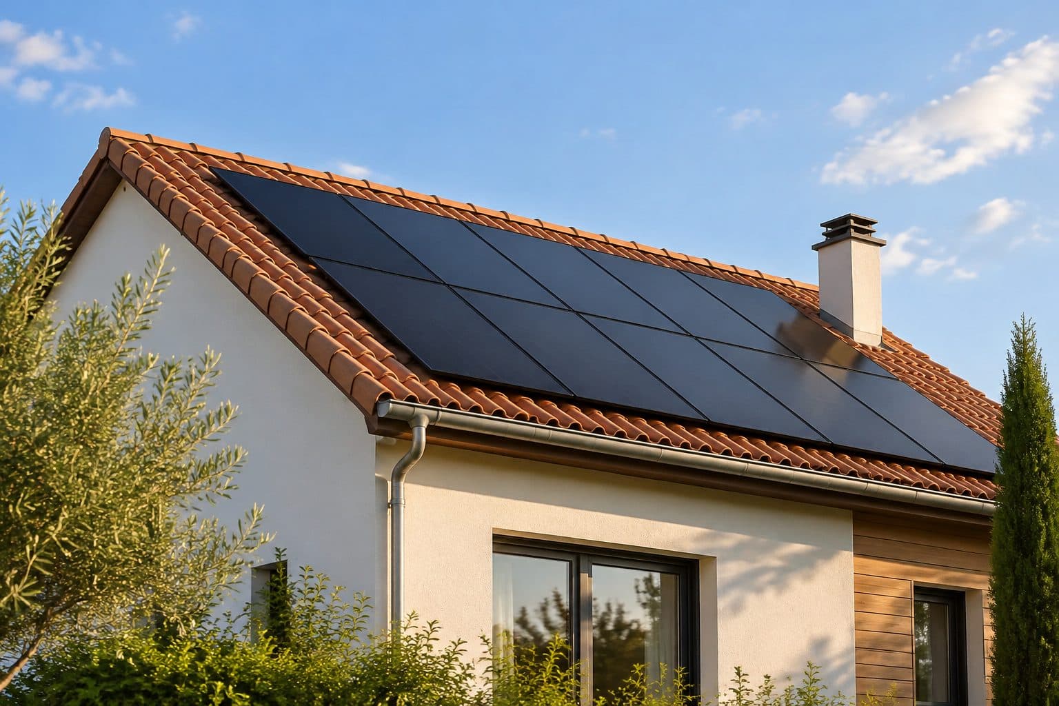Panneaux solaires intégrés sur une toiture en tuiles