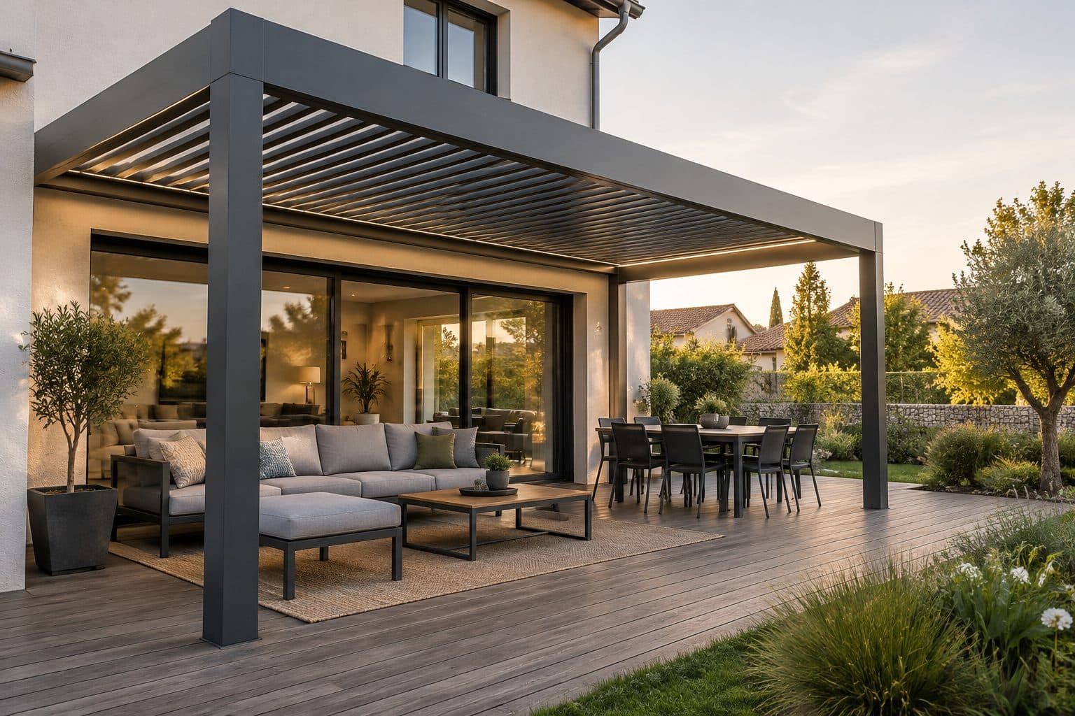 Pergola bioclimatique en aluminium sur une terrasse en bois
