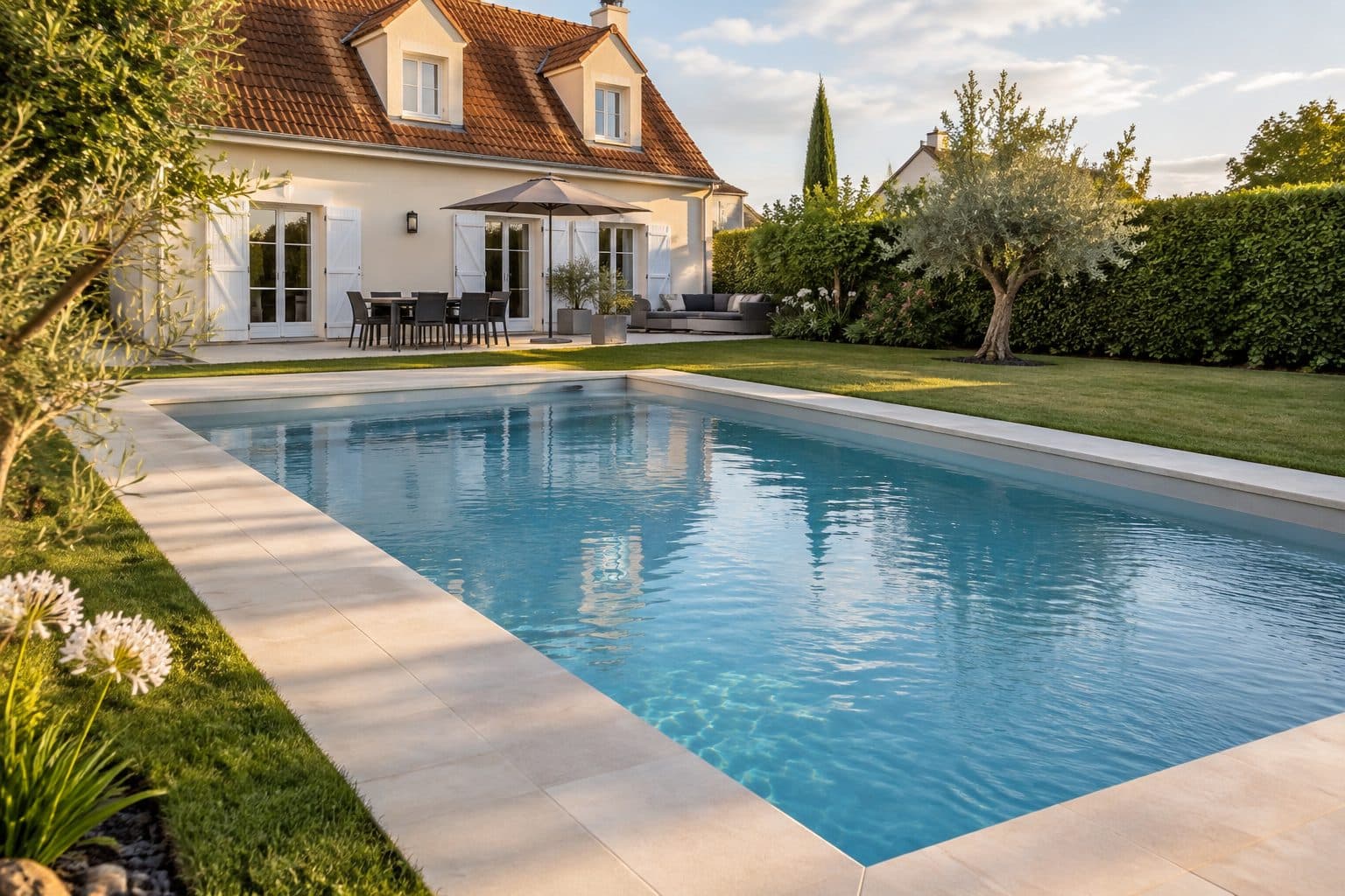 Piscine enterrée dans le jardin d'un pavillon