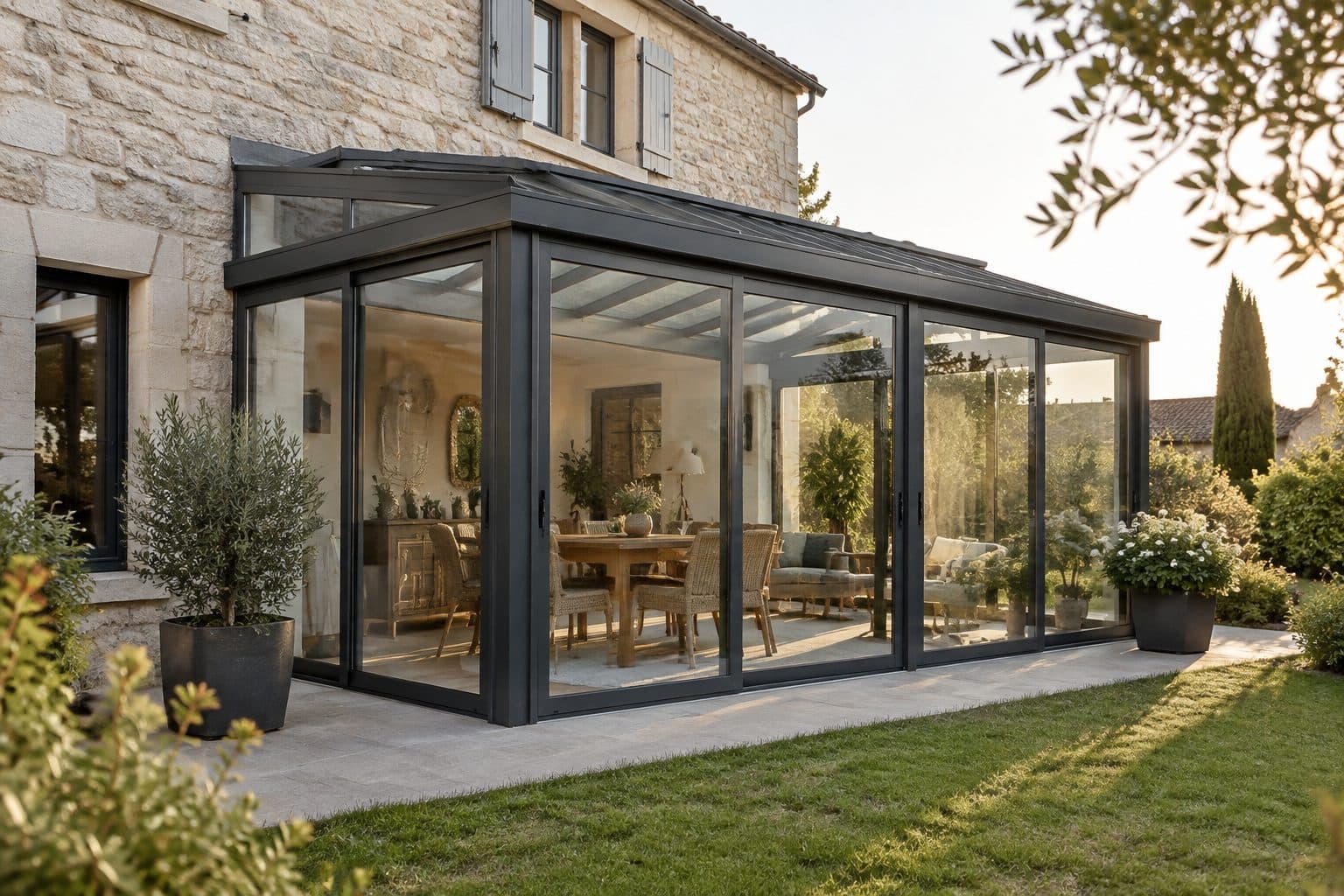 Véranda en aluminium accolée à une maison en pierre
